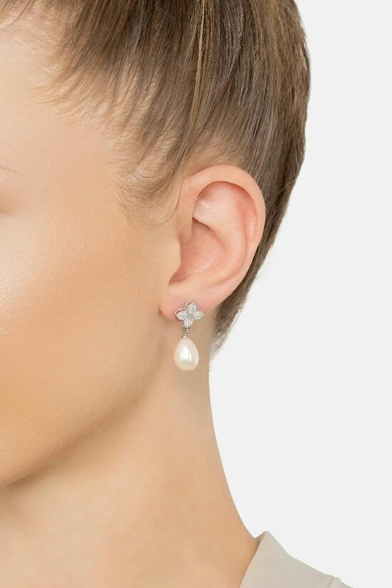 Latelita Clover Flower Pearl Drop Cz Earrings Silver