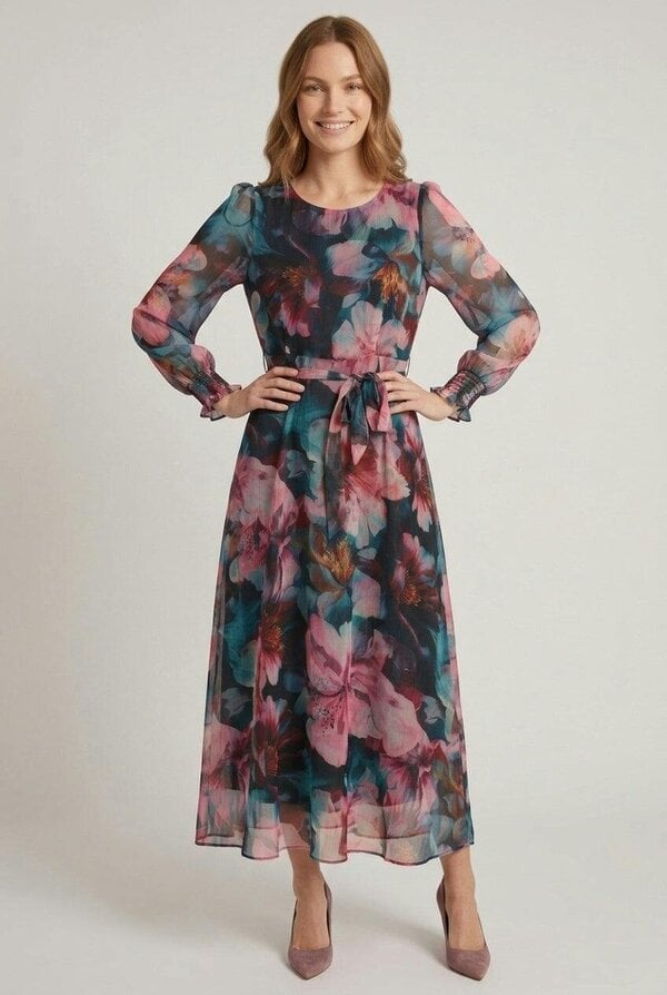 Izabel London Floral Long Sleeve Layered Midi Dress