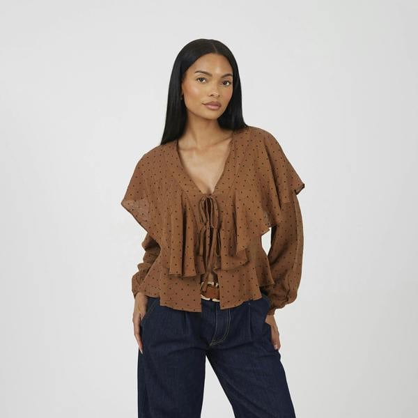 Brave Soul Brown Long Sleeve Top With Frill Detail - Brown Image 1