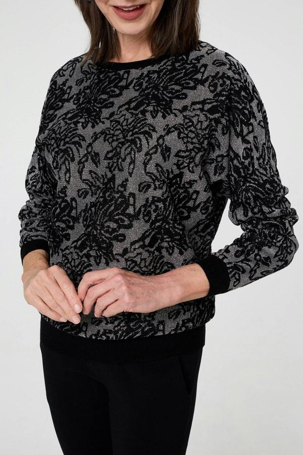 Black | Sparkly Floral Contrast Trim Jumper
