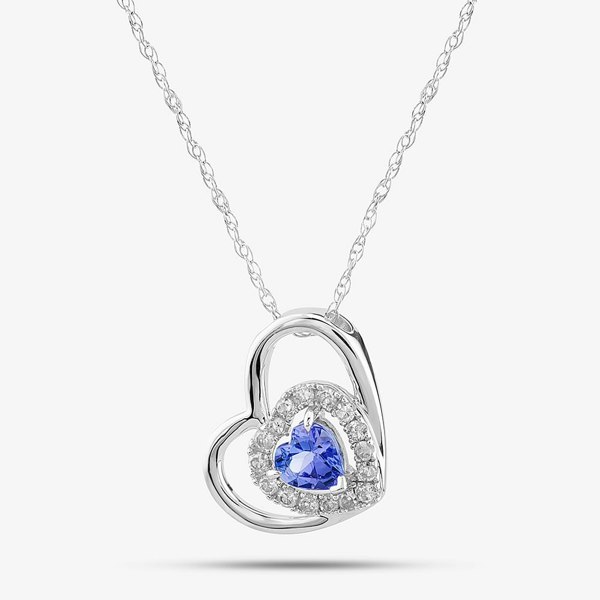T. H. Baker 9ct White Gold Double Open Heart Tanzanite & Diamond Pendant Necklace RJP4008