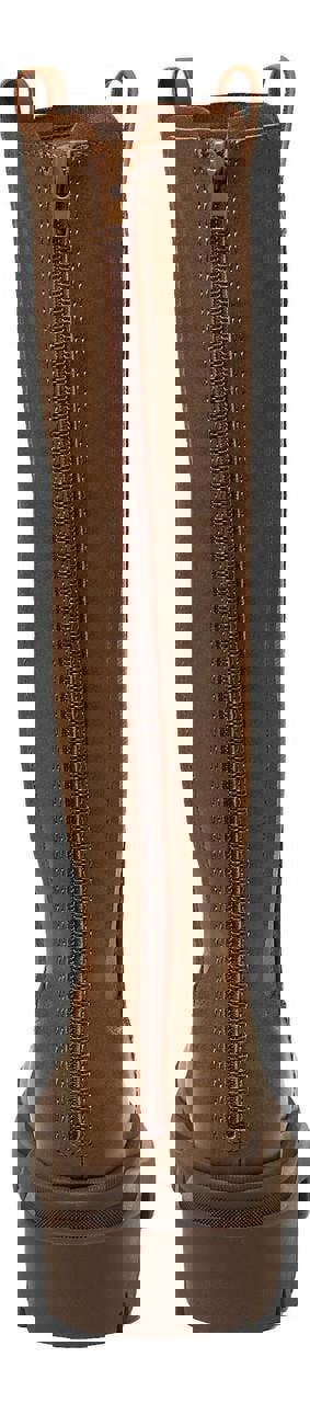 Rocket Dog Drea Womens Tall Knee High Full Zip Up Wedge Boots, brown leather knee-high boots with a full-length zipper on the front and chunky wedge soles.