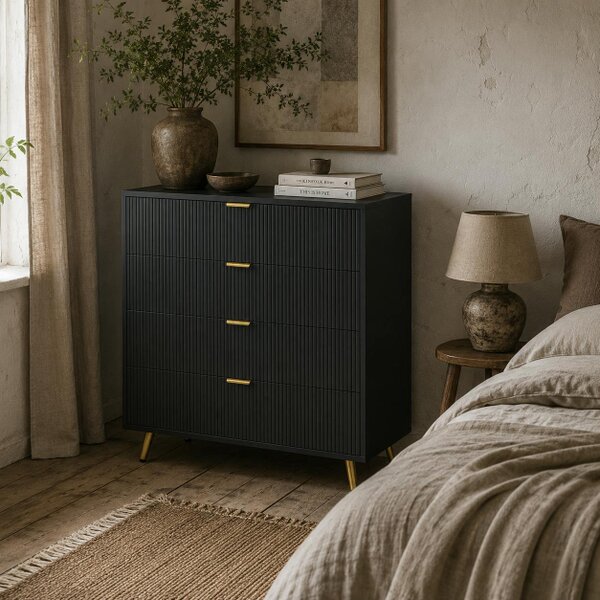 Wyld Haus Disu Wooden Black Elegant 4 Drawer Bedside Storage Table