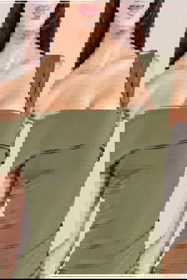 Off The Shoulder Pleated Waist Maxi Dress - Khaki DR2594G