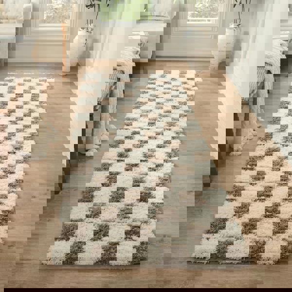 Livabliss Urban Shag-Modern Cream Brown Checkered Soft Plush Pile Rug