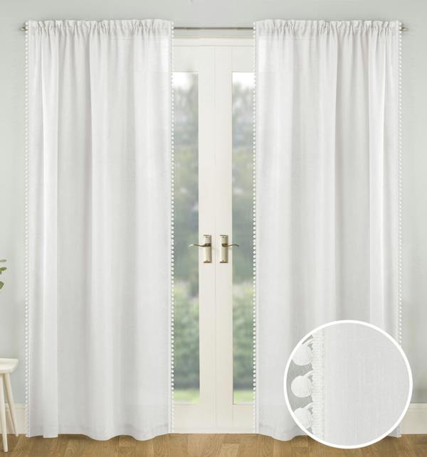 Tyrone Textiles Pom-Pom Trim Linen-Look Voile Panel - Pair
