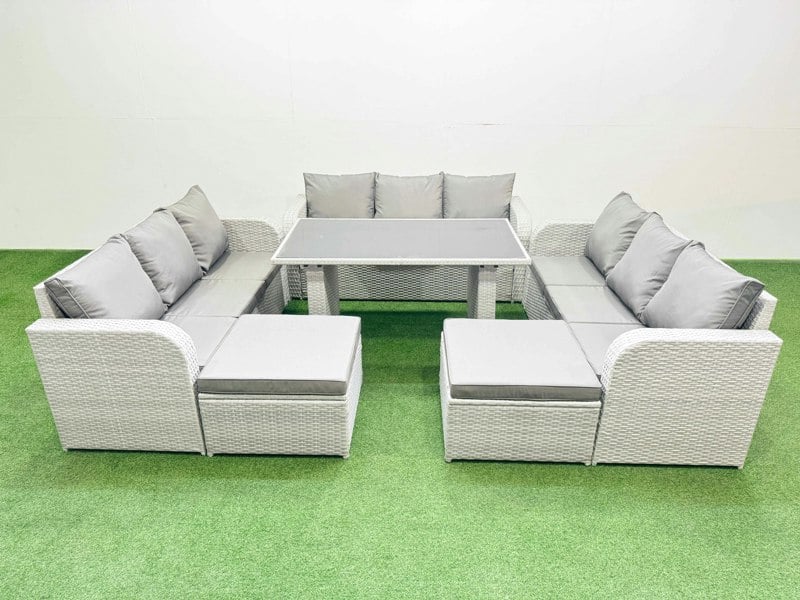 Fimous Patio Garden Furniture Sets with Black Glass Top Dining Table 3 Seater Sofa 2 Big Stool Light Grey