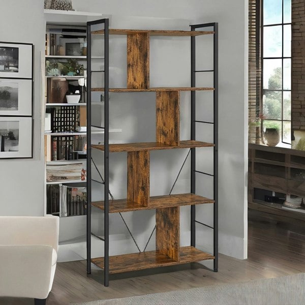 Rafaelo Mobilia Industrial 5 Tier Rustic Brown Bookcase Zig Zag