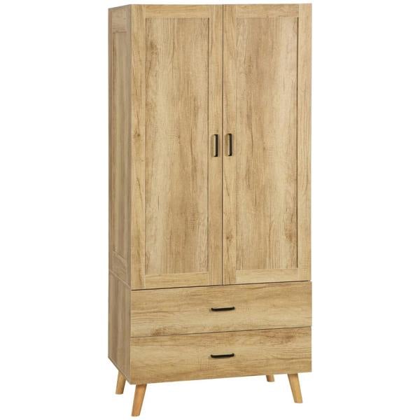 Natural wood 2-door wardrobe with two drawers and dark metal handles