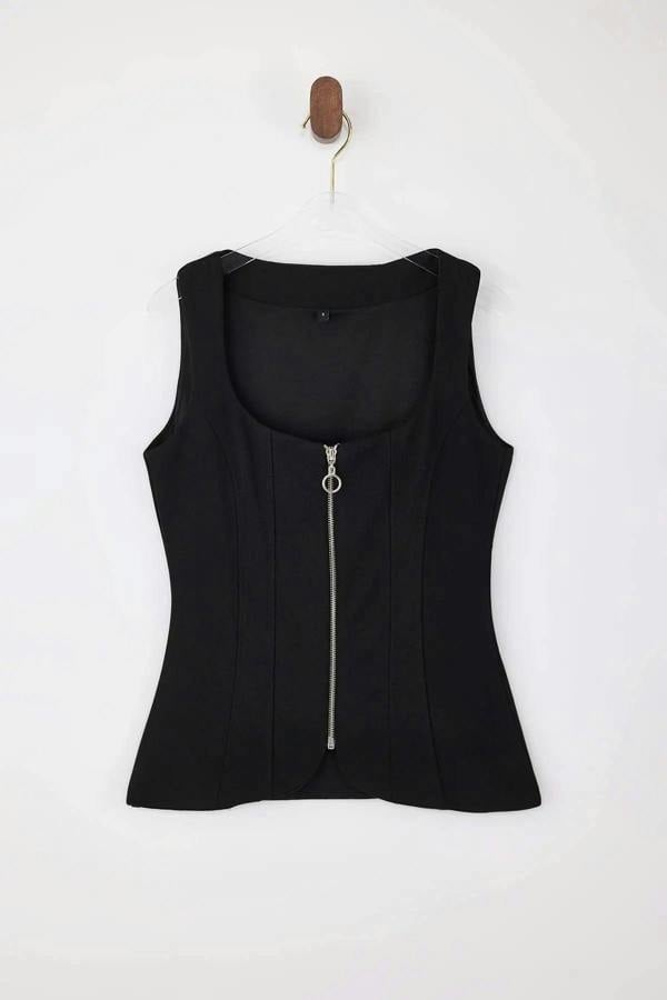 WOVCOR Square Neck Zip-Up Sleeveless Scuba Crepe Knit Blouse