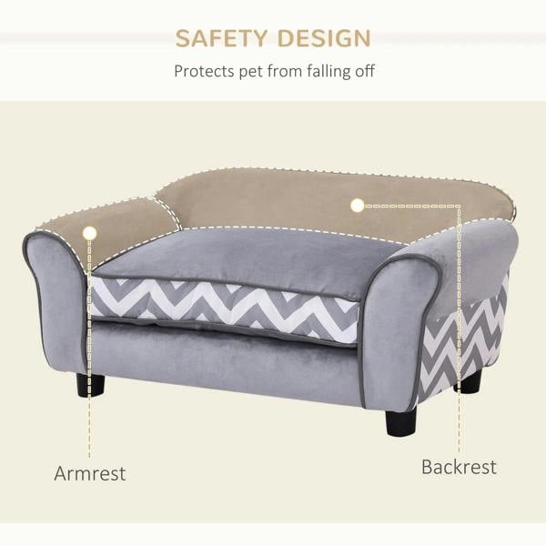 Grey pet sofa bed with chevron cushion; safety design showing armrest and backrest