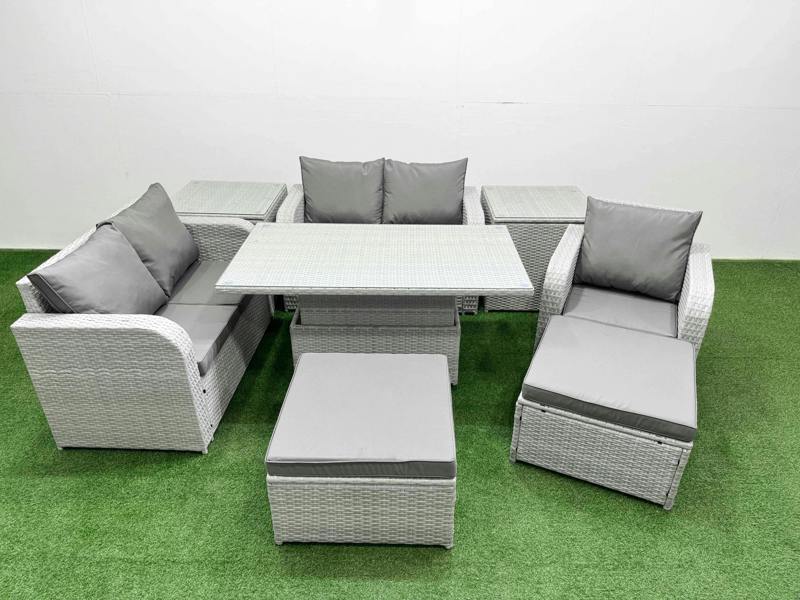 Fimous High Back Poly Rattan Garden Furniture Set, Adj Height Table, Reclining Loveseat, Indoor Outdoor, 2 Big Stools & 2 Side Tables Light Grey