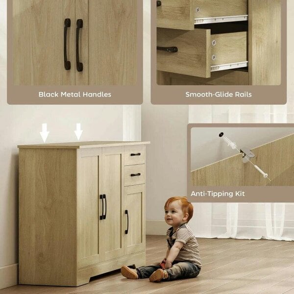 Sideboard with 2 Drawers Modern Storage Cabinet, Kitchen Cupboard with Adjustable Shelf and 3 Doors Natural