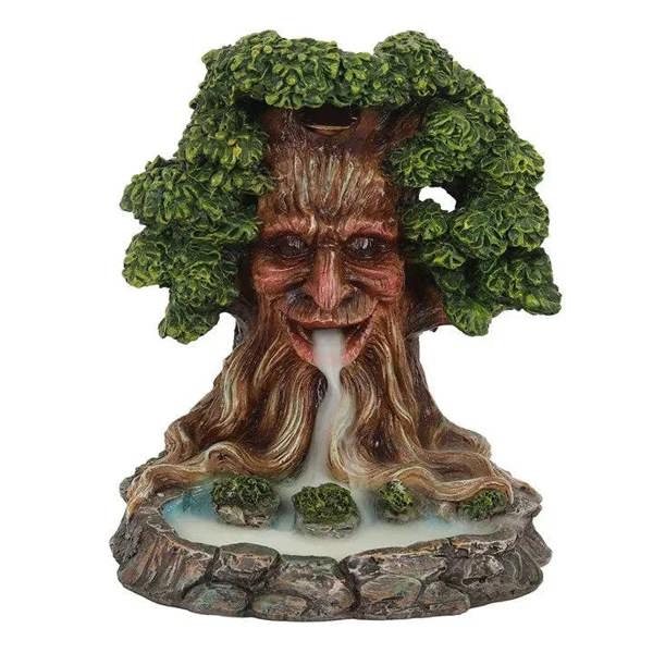 Tree-face backflow incense burner with green leafy canopy, brown trunk, pond basin