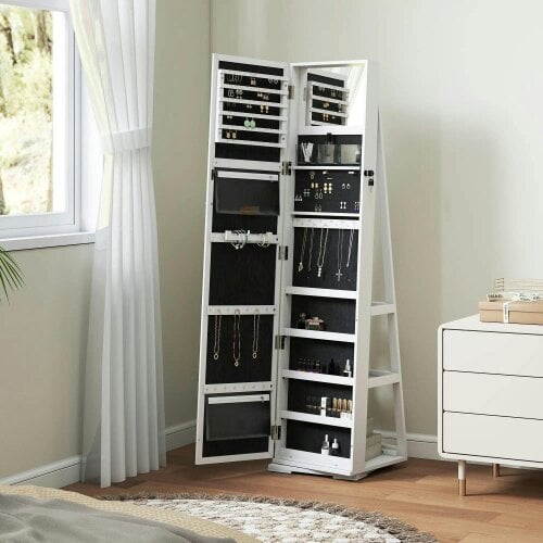 Bobobiy 360° Swivel Jewellery Cabinet, Lockable Jewellery Organiser with Built-in Makeup Mirror and Storage Shelves, White