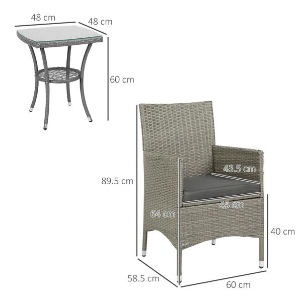 Grey rattan bistro chair with light grey cushion shown with size measurements