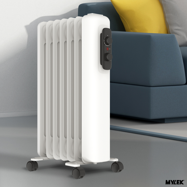 Mylek Oil Filled Radiator Electric Heater Portable With Adjustable Thermostat - White 1500w