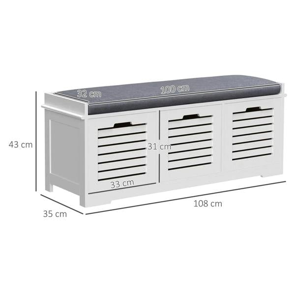 White shoe storage bench with gray cushion and three slatted drawer fronts, size shown