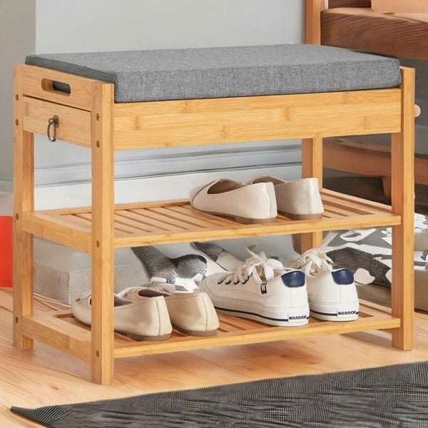 Rafaelo Mobilia Bamboo Shoe Storage Bench With Hidden Drawer & Cushioned Seat