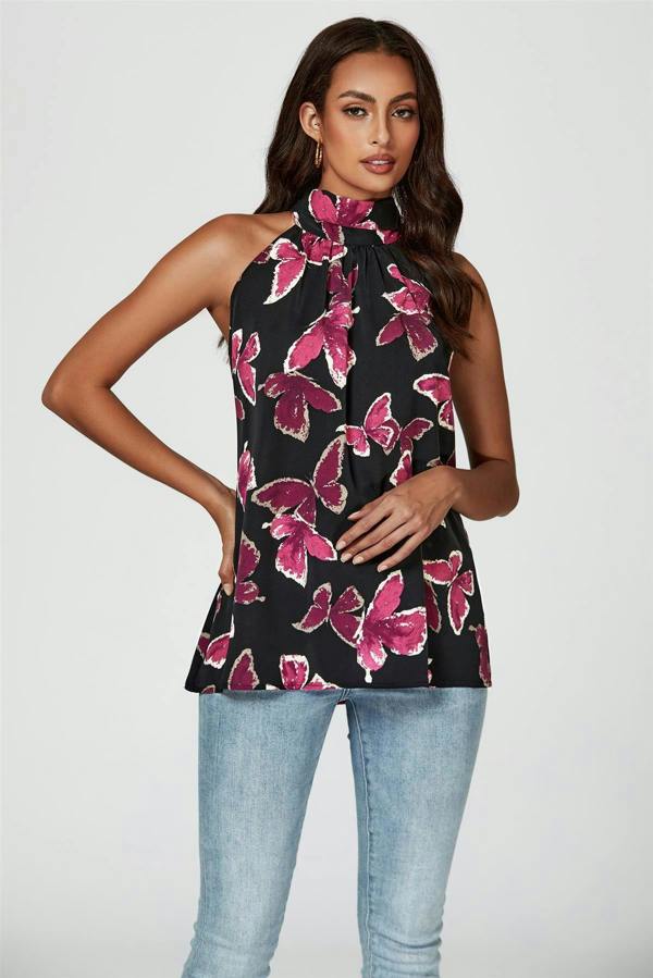 FS Collection Butterfly Print Halter Neck Tie Back Top In Black
