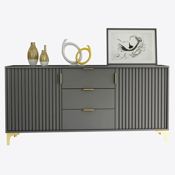 Mex Furniture Captivating Grey 140cm Sideboard with Ribbed Doors, 3 Drawers & Gold Accents