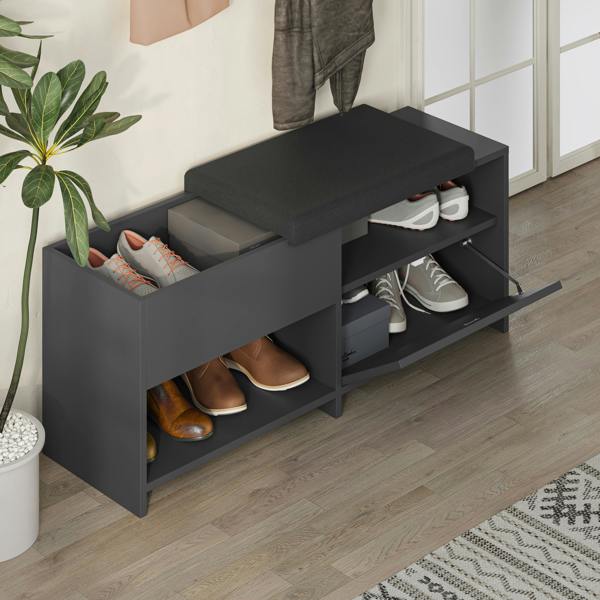 Decortie Modern Filux Shoe Bench Rack Sliding Fabric Seat and 120.3(W) Storage Cabinet 2-Tier Open Shelves Hallway