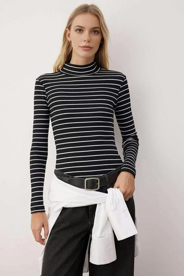 WOVCOR Fitted Stand Collar Long Sleeve Ribbed Knit Blouse