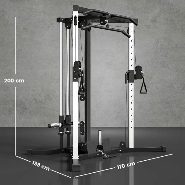 Multifunctional power rack with high-low cable pulleys and pull-up bar, black and white