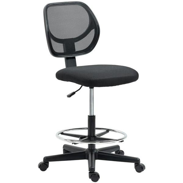 Black mesh back armless standing desk chair with padded seat, round footrest ring, swivel base