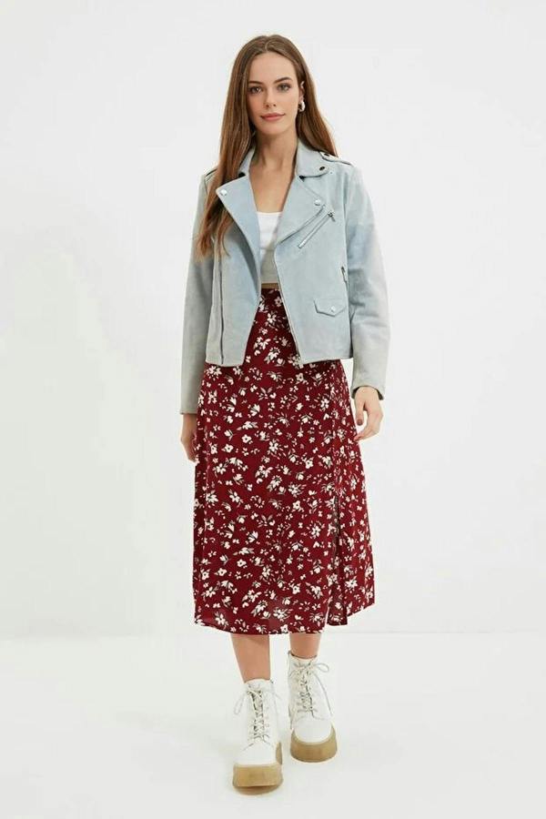 WOVCOR Floral Print Midi Woven Skirt with Slit Detail