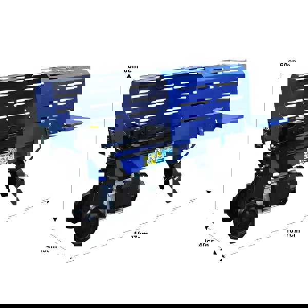 T-Mech 5T Log Splitter in blue, featuring a sturdy design, safety labels, and dimensions of 107cm x 60cm x 40cm for efficient wood splitting
