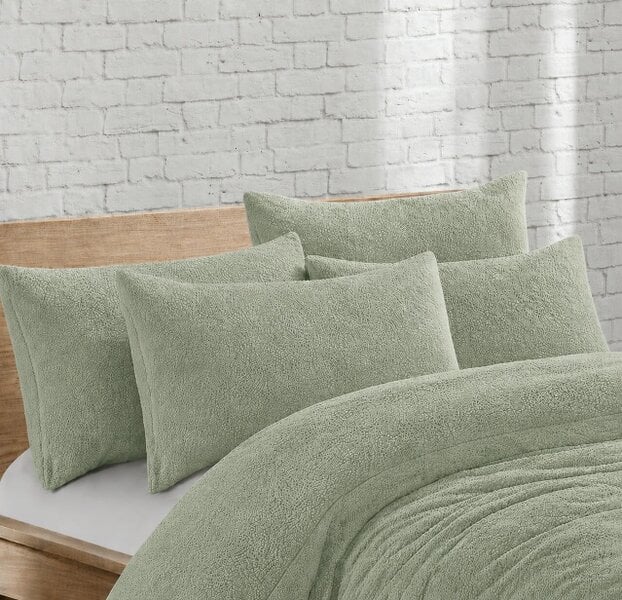 Night Zone Teddy Bear Fleece Pillowcases Pair – Soft Warm Plush Pillow Covers - Sage Green