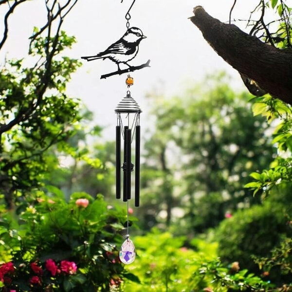 EDH Door Hardware Silhouette Blue Tit Wind Chime – Black, 58cm x 14cm x 6cm | Elegant Hanging Bird Chime for Garden, Patio & Home |  Outdoor Décor