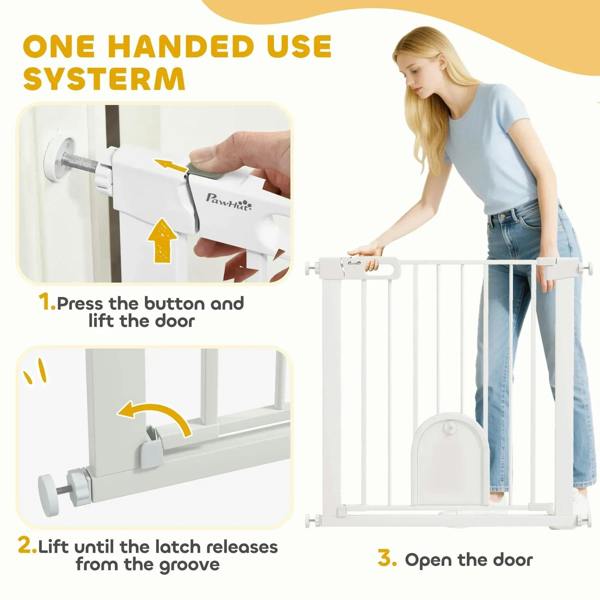 White pressure-fit pet gate with arched cat door, showing latch release step