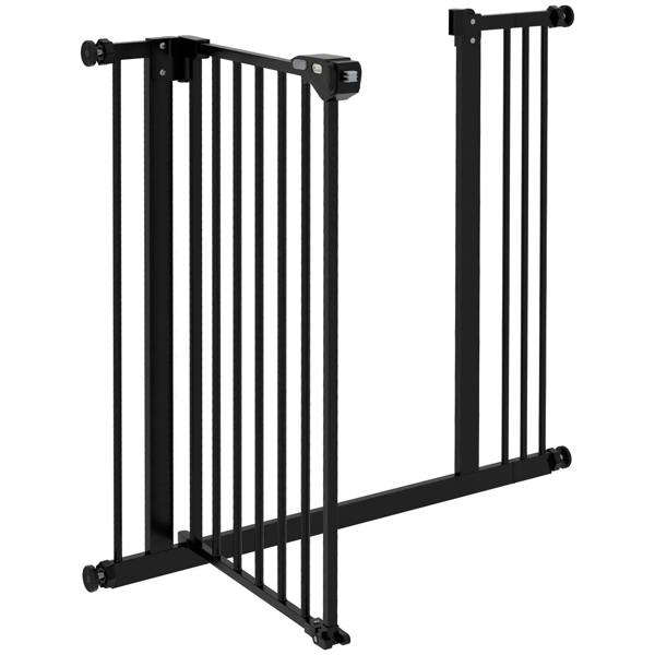 Black adjustable safety gate frame with vertical bars and latch lock