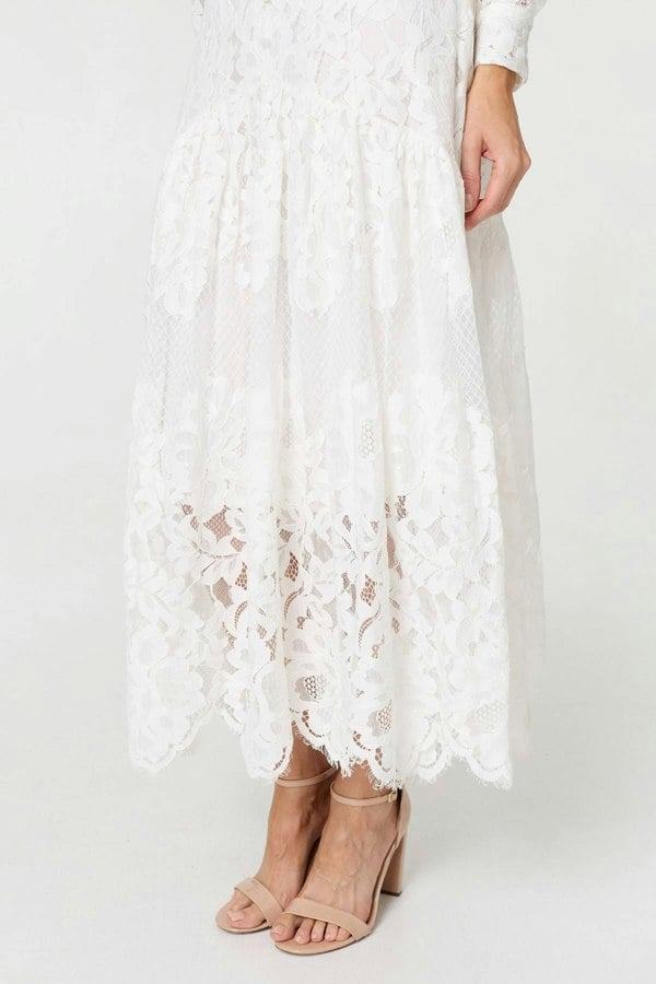 White | Floral Lace Layer Long Sleeve Maxi Dress
