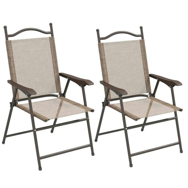 Set of two folding garden chairs with fabric mesh seats, mixed brown frames