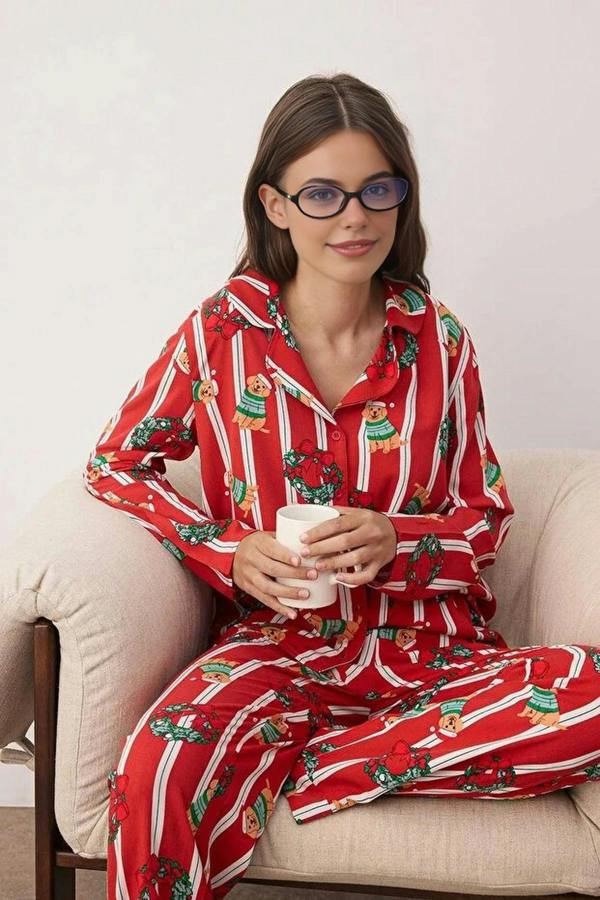 WOVCOR 2-Piece Dog Print Christmas Themed Woven Pajama Set
