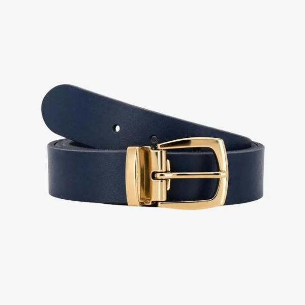 Front view of Navy belt with a gold buckle on a white background