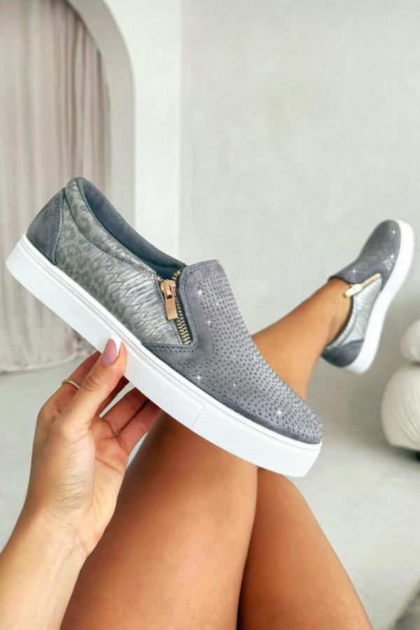 Crystal Suede Zip Pumps Grey Trainers designed with crystal-embellished