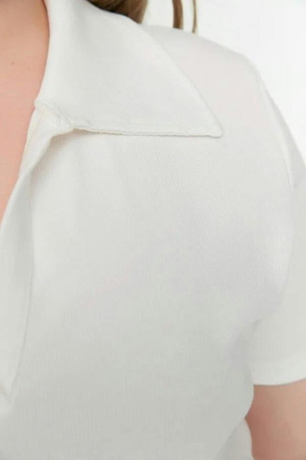 WOVCOR Polo Collar Body-Fitting Ribbed Knit Blouse