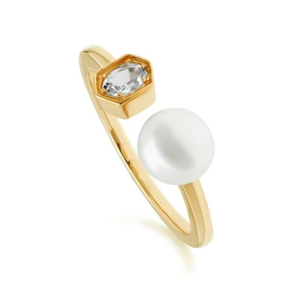 270R058705925 Modern Pearl & Aquamarine Open Ring in Gold Plated Silver 1
