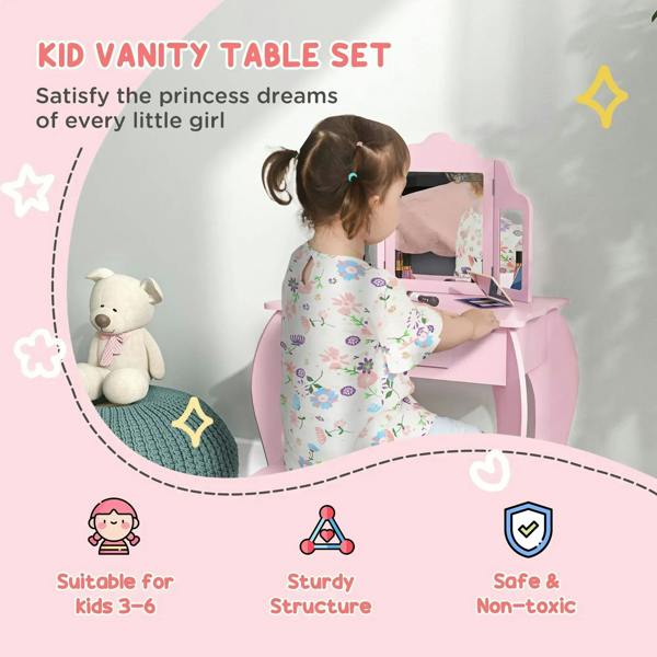 Pink kids vanity table with open tri-fold mirror and built-in drawer