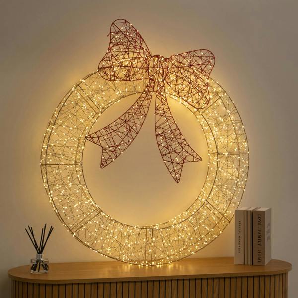 Samuel Alexander 90cm Light up Gold Twist Christmas Wreath with Red Bow and 1440 Warm White LEDs