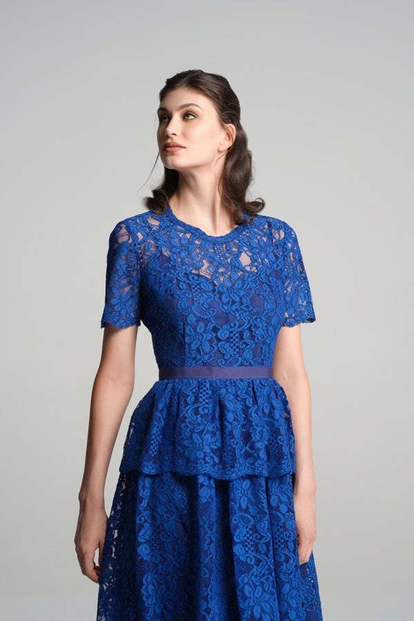 Rumour London Lucia lace midi dress with peplum in royal blue
