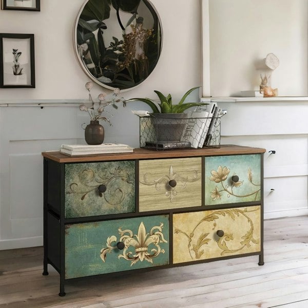 Rafaelo Mobilia 5 Fabric Drawer Bedroom Dresser With Floral Patterns Storage Organiser Rustic Brown