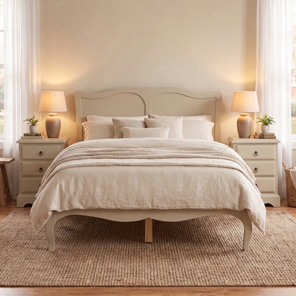 Romance Wooden Bed Frame. Oatmeal Cream French Style Bed Double 4ft6 King 5ft