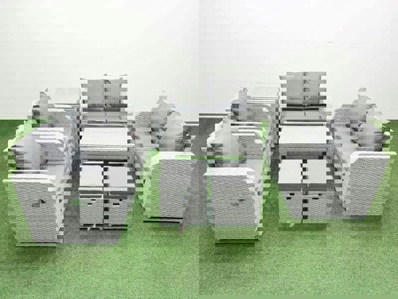 Fimous 8 Seater Outdoor Reclining Chair Love Sofa Set Rattan Garden Furniture Set with Oblong Coffee Table 2 Stools Side Table Light Grey