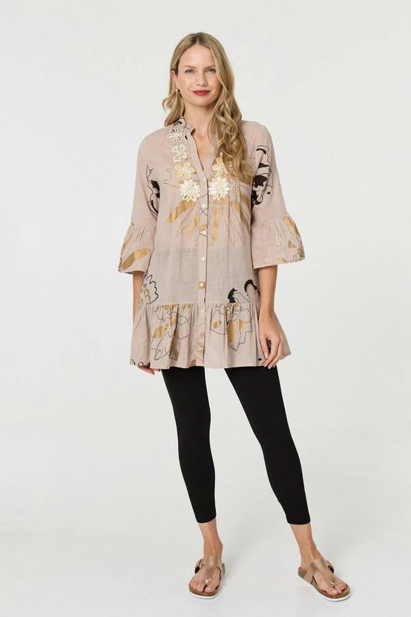 Pink | Floral Lace 3/4 Sleeve Frill Short Dress