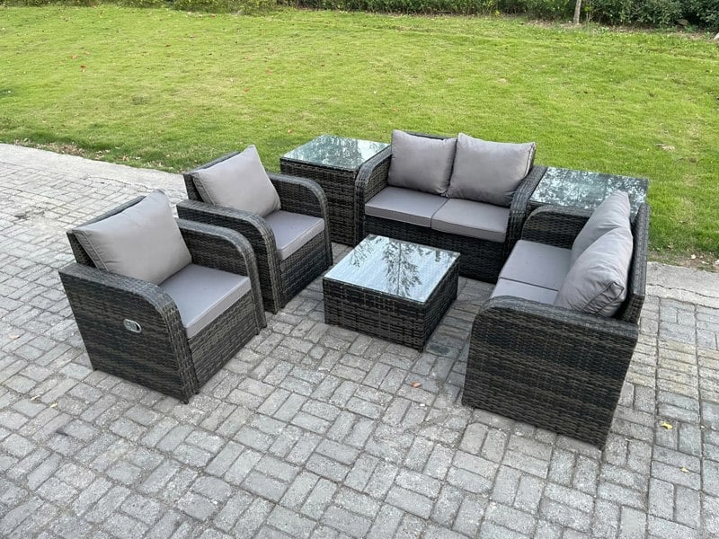 Fimous 6 Seater Rattan Sofa Set Outdoor Garden Furniture Set with Square Coffee Table Loveseat Sofa Reclining Chairs 2 Side Tables Dark Grey Mixed